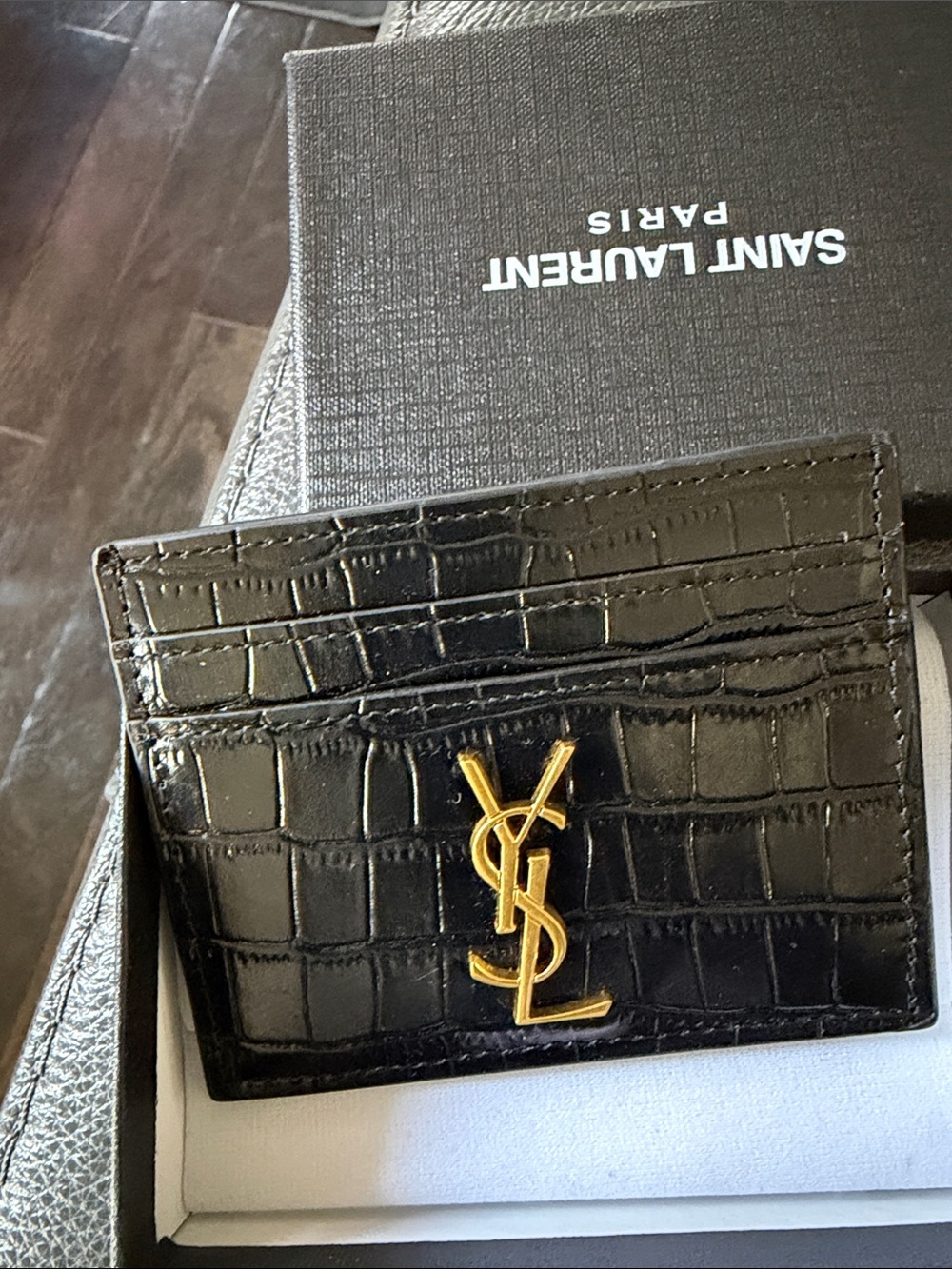 Saint Laurent Black Croc-Embossed Card Holder with Gold YSL Emblem, 💯 authentic